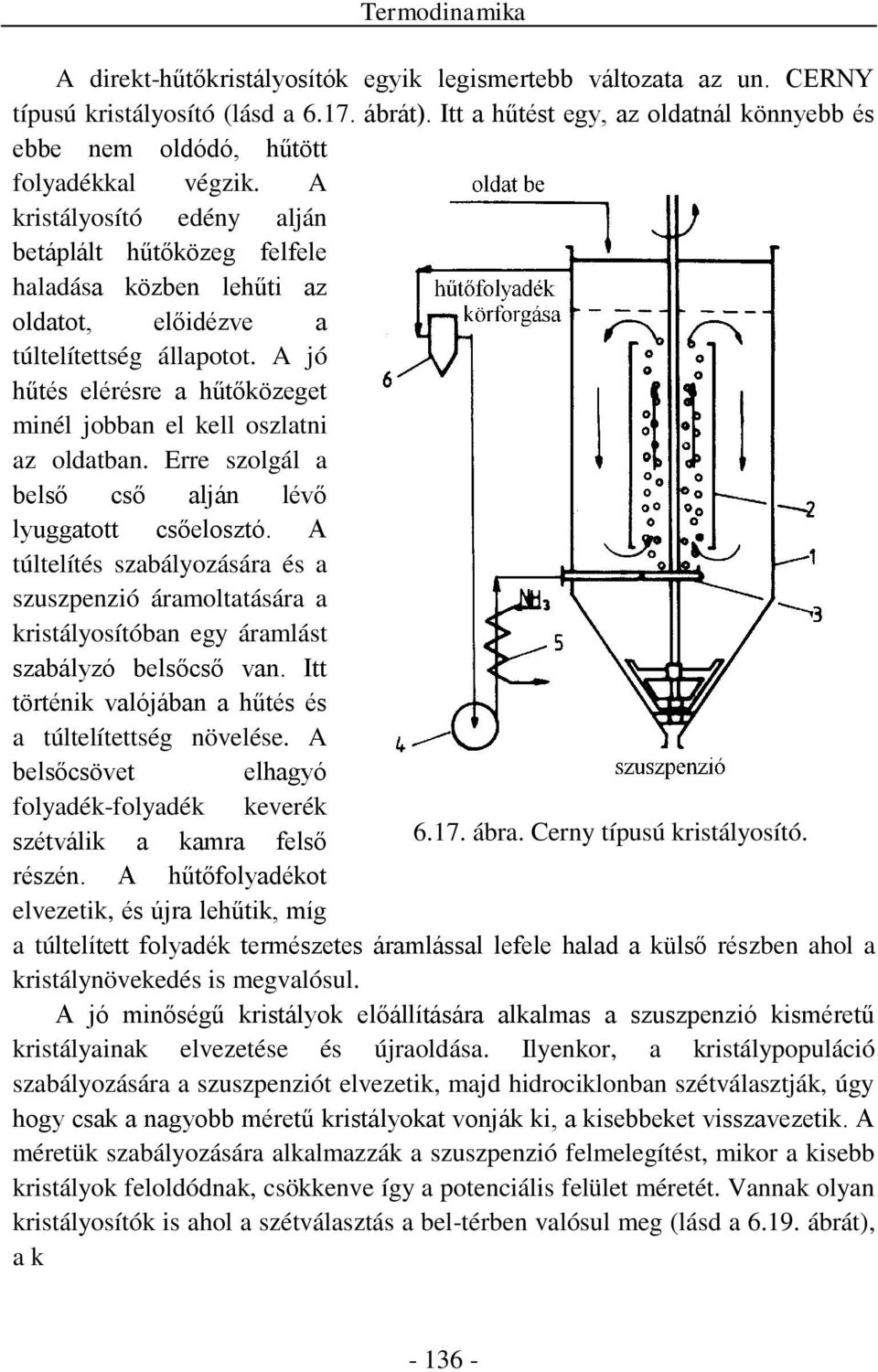 A kristályosító edény alján betáplált hűtőközeg felfele haladása közben lehűti az oldatot, előidézve a túltelítettség állapotot.