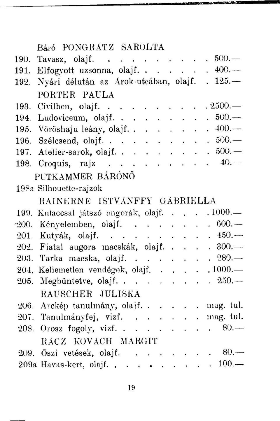 Kulaccsal játszó angorák, olajf 1000. -200. Kényelemben, olajf 600. 201. Kutyák, olajf 450. 202. Fiatal augora macskák, olajf 300. 203. Tarka macska, olajf 280. 204. Kellemetlen vendégek, olajf 1000.