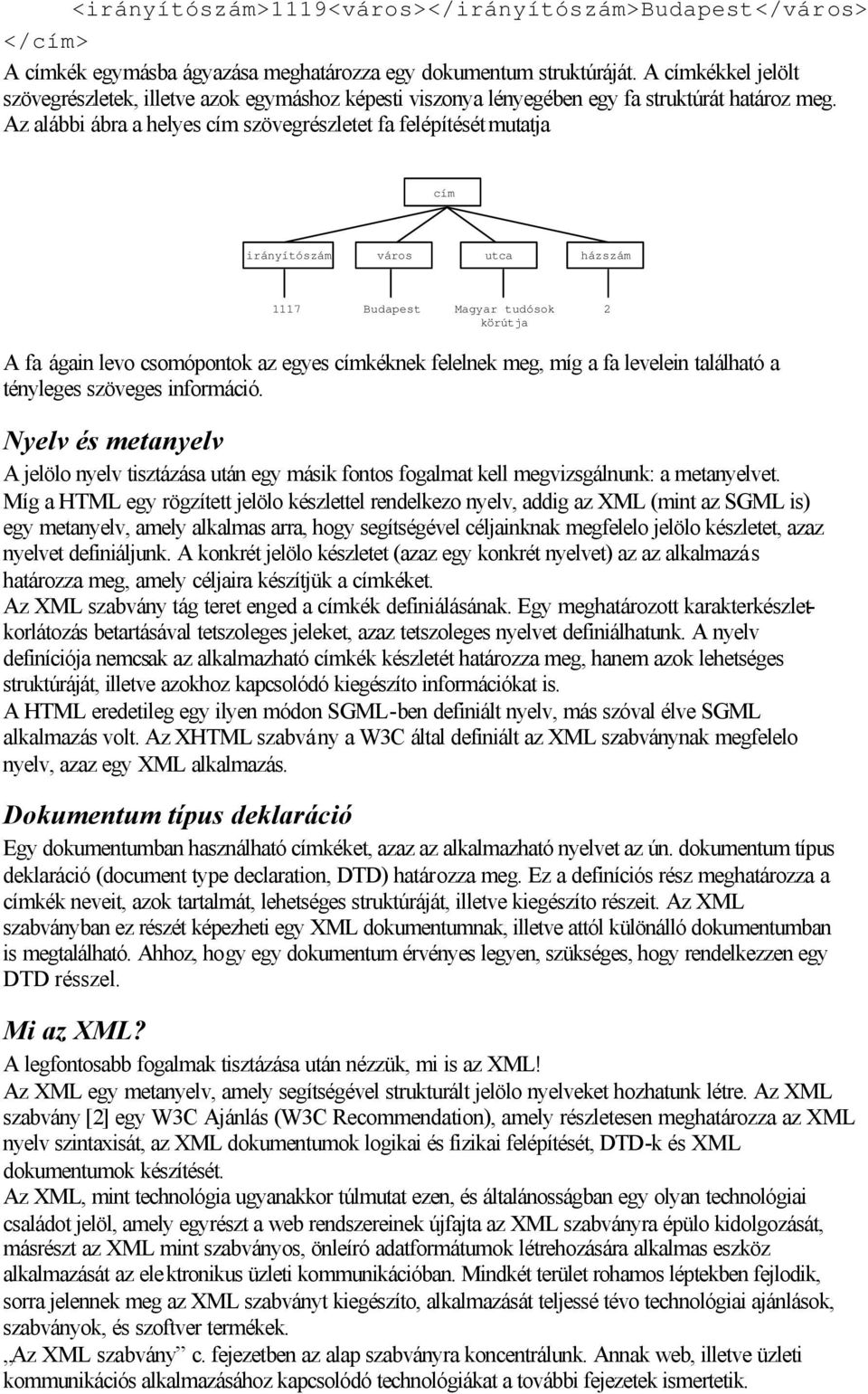 Az alábbi ábra a helyes cím szövegrészletet fa felépítését mutatja cím irányítószám város utca házszám 1117 Budapest Magyar tudósok körútja 2 A fa ágain levo csomópontok az egyes címkéknek felelnek