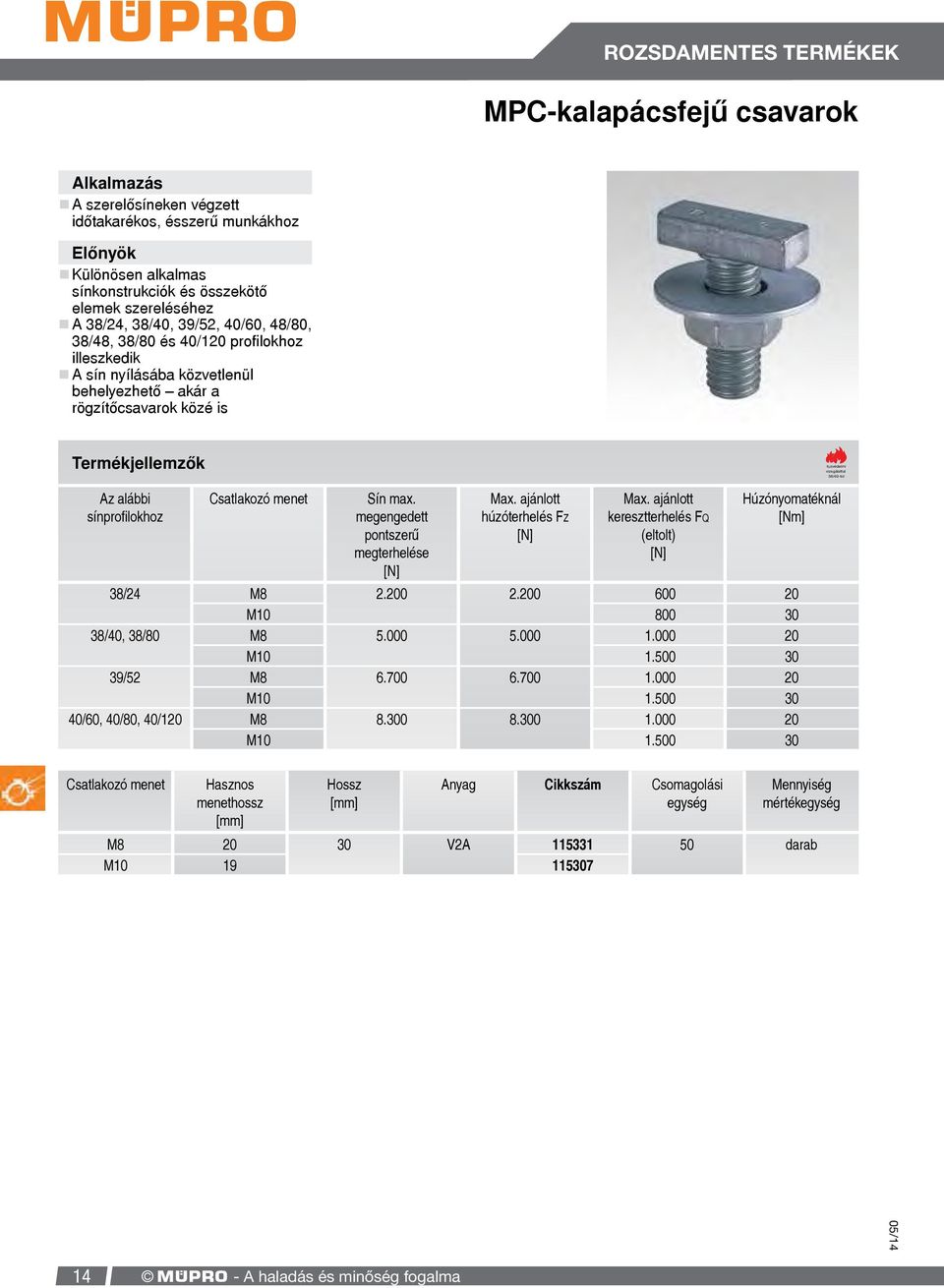 sínprofilokhoz Csatlakozó menet Sín max. megengedett pontszerű megterhelése [N] Max. ajánlott húzóterhelés FZ [N] Max. ajánlott keresztterhelés FQ (eltolt) [N] Húzónyomatéknál [Nm] 38/24 M8 2.200 2.