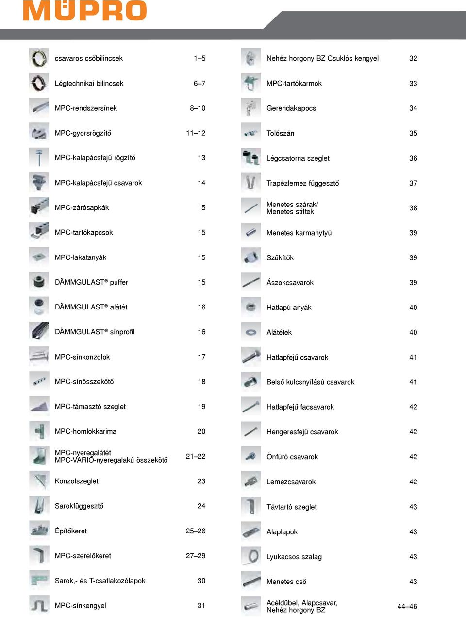 15 Szűkítők 39 DÄMMGULAST puffer 15 Ászokcsavarok 39 DÄMMGULAST alátét 16 Hatlapú anyák 40 DÄMMGULAST sínprofil 16 Alátétek 40 MPC-sínkonzolok 17 Hatlapfejű csavarok 41 MPC-sínösszekötő 18 Belső