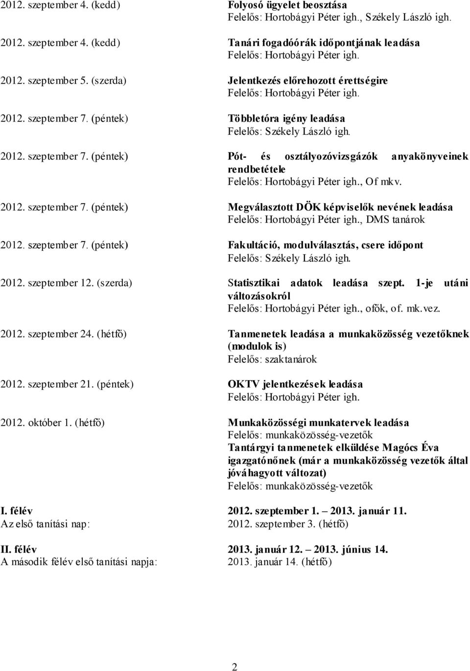 szeptember 7. (péntek) Fakultáció, modulválasztás, csere időpont 2012. szeptember 12. (szerda) Statisztikai adatok leadása szept. 1-je utáni változásokról, ofők, of. mk.vez. 2012. szeptember 24.