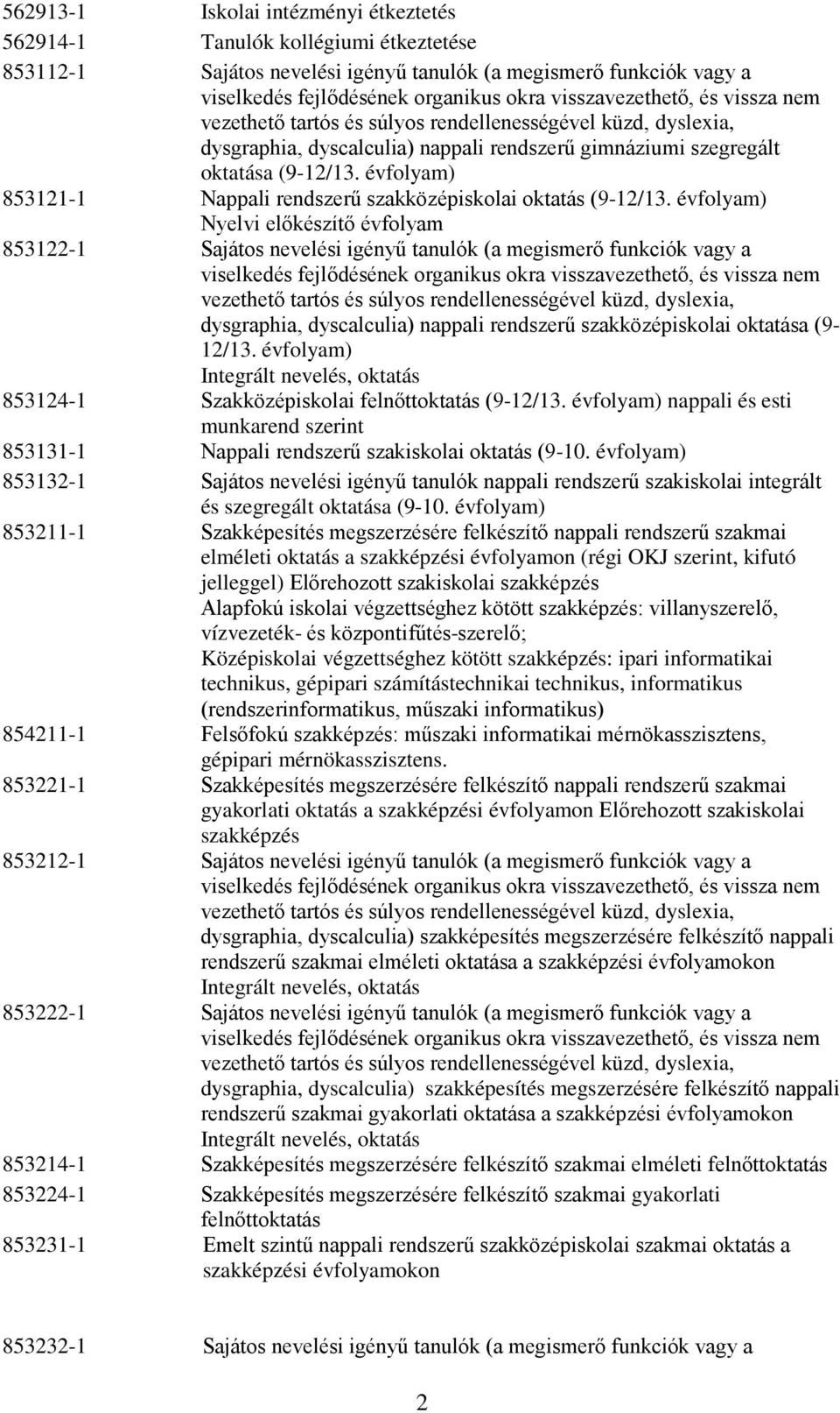 évfolyam) Nyelvi előkészítő évfolyam 853122-1 Sajátos nevelési igényű tanulók (a megismerő funkciók vagy a dysgraphia, dyscalculia) nappali rendszerű szakközépiskolai oktatása (9-12/13.