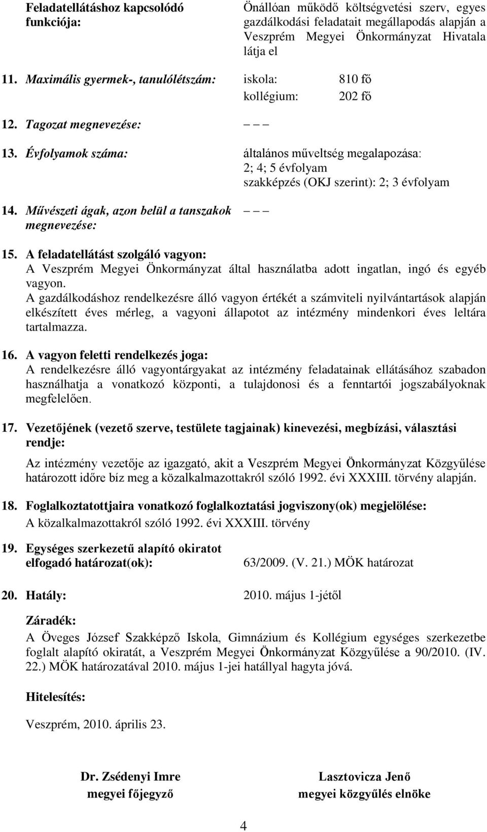 Művészeti ágak, azon belül a tanszakok e: 15. A feladatellátást szolgáló vagyon: A Veszprém Megyei Önkormányzat által használatba adott ingatlan, ingó és egyéb vagyon.