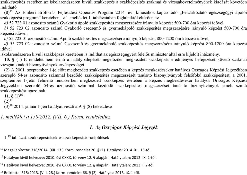 táblázatában foglaltaktól eltérően az a) 52 723 01 azonosító számú Gyakorló ápoló szakképesítés megszerzésére irányuló képzést 500-700 képzési idővel, b) 52 723 02 azonosító számú Gyakorló csecsemő