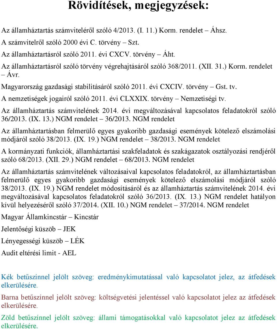 A nemzetiségek jogairól szóló 2011. évi CLXXIX. törvény Nemzetiségi tv. Az államháztartás számvitelének 2014. évi megváltozásával kapcsolatos feladatokról szóló 36/2013. (IX. 13.