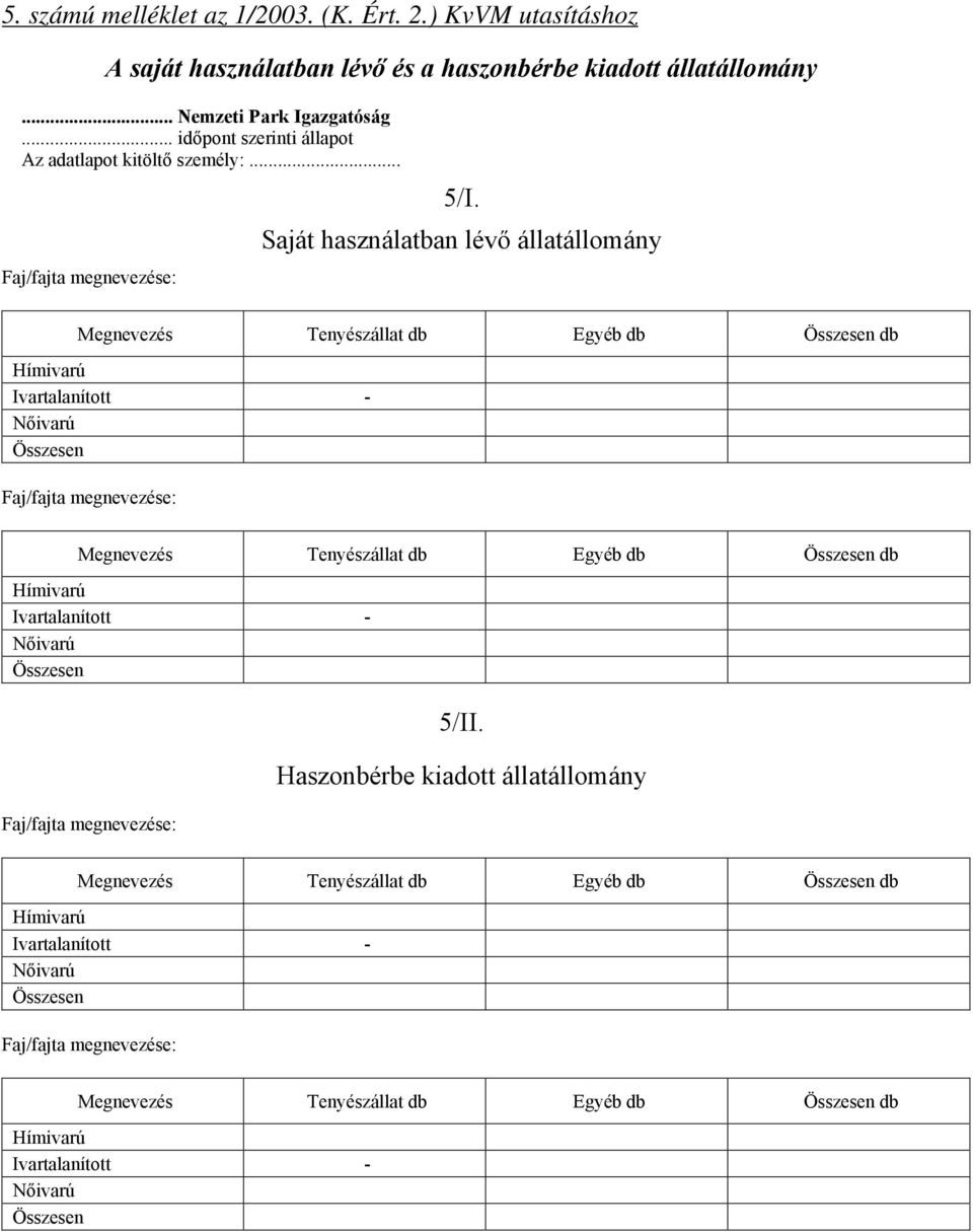 Saját használatban lévő állatállomány Megnevezés Tenyészállat db Egyéb db db Megnevezés