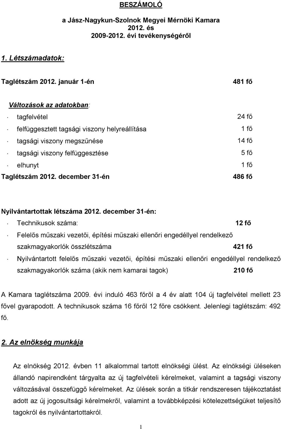 Taglétszám 2012. december 31-én 486 fő Nyilvántartottak létszáma 2012.