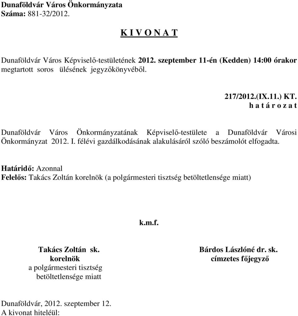 Dunaföldvár Városi Önkormányzat 2012. I.