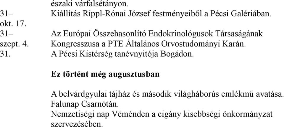 Kongresszusa a PTE Általános Orvostudományi Karán. 31. A Pécsi Kistérség tanévnyitója Bogádon.