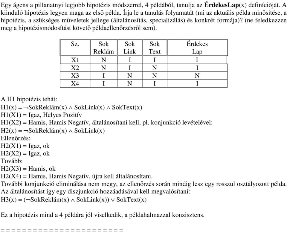 (ne feledkezzen meg a hipotézismódosítást követő példaellenőrzésről sem). Sz.