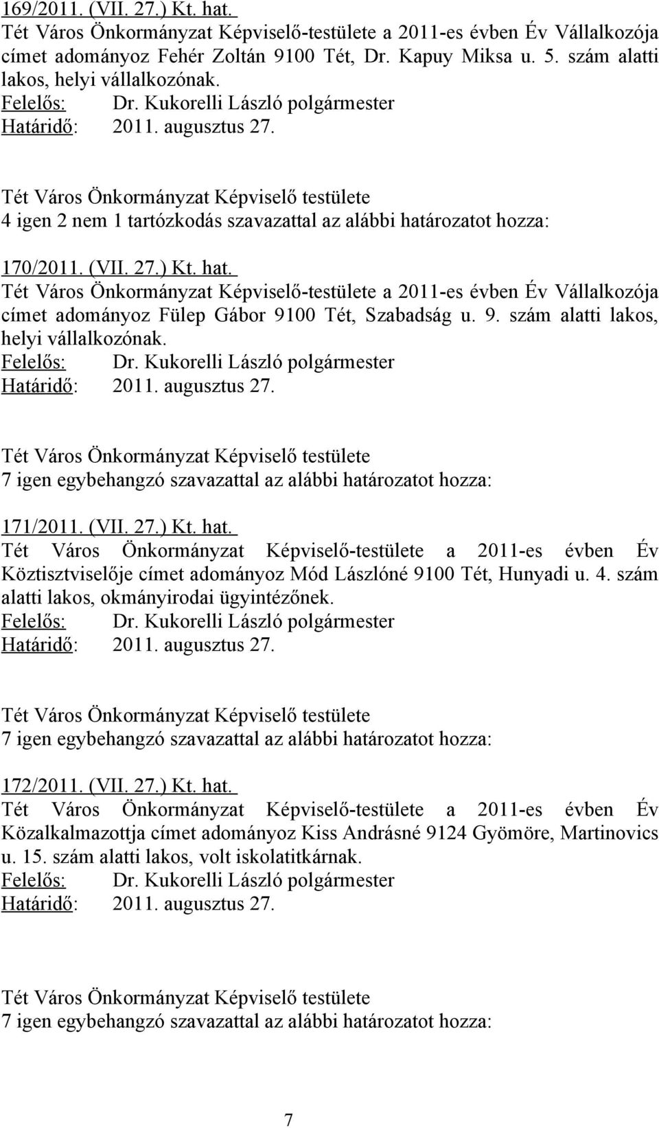 rozatot hozza: 170/2011. (VII. 27.) Kt. hat. Tét Város Önkormányzat Képviselő-testülete a 2011-es évben Év Vállalkozója címet adományoz Fülep Gábor 9100 Tét, Szabadság u. 9. szám alatti lakos, helyi vállalkozónak.
