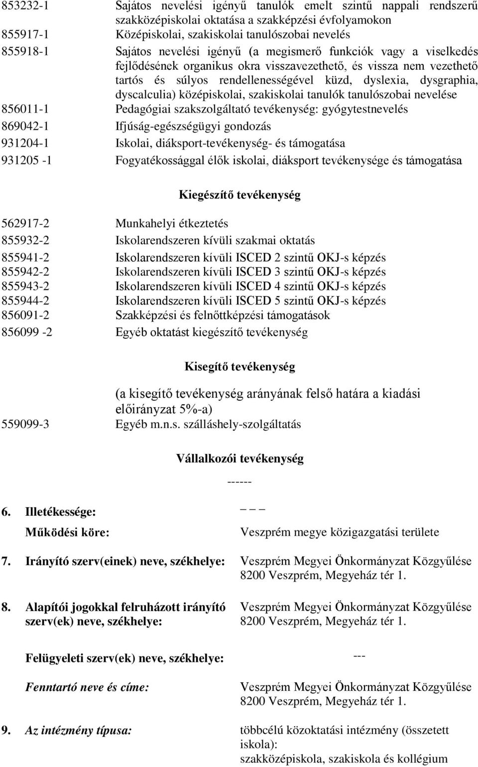 Ifjúság-egészségügyi gondozás 931204-1 Iskolai, diáksport-tevékenység- és támogatása 931205-1 Fogyatékossággal élők iskolai, diáksport tevékenysége és támogatása Kiegészítő tevékenység 562917-2