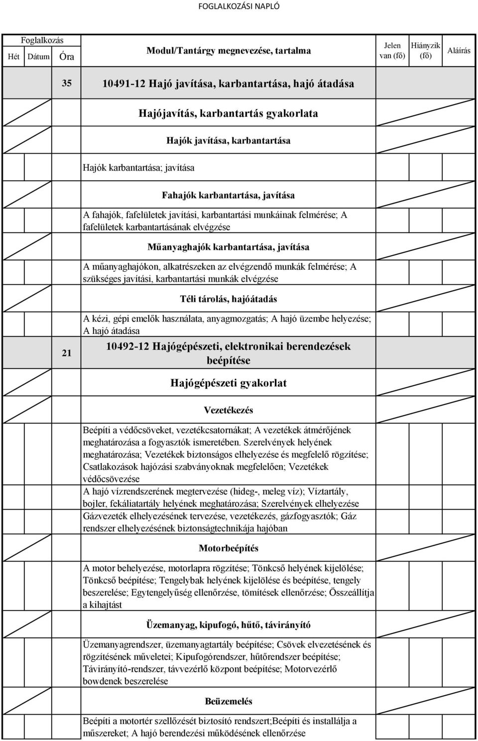 A szükséges javítási, karbantartási munkák elvégzése Téli tárolás, hajóátadás 21 A kézi, gépi emelők használata, anyagmozgatás; A hajó üzembe helyezése; A hajó átadása 10492-12 Hajógépészeti,