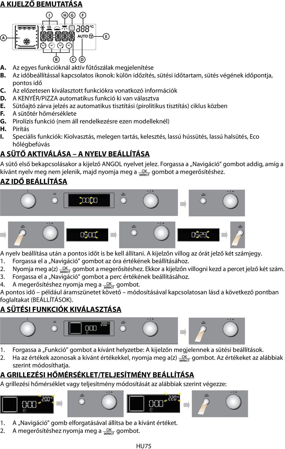 A KENYÉR/PIZZA automatikus funkció ki van választva E. Sütőajtó zárva jelzés az automatikus tisztítási (pirolitikus tisztítás) ciklus közben F. A sütőtér hőmérséklete G.