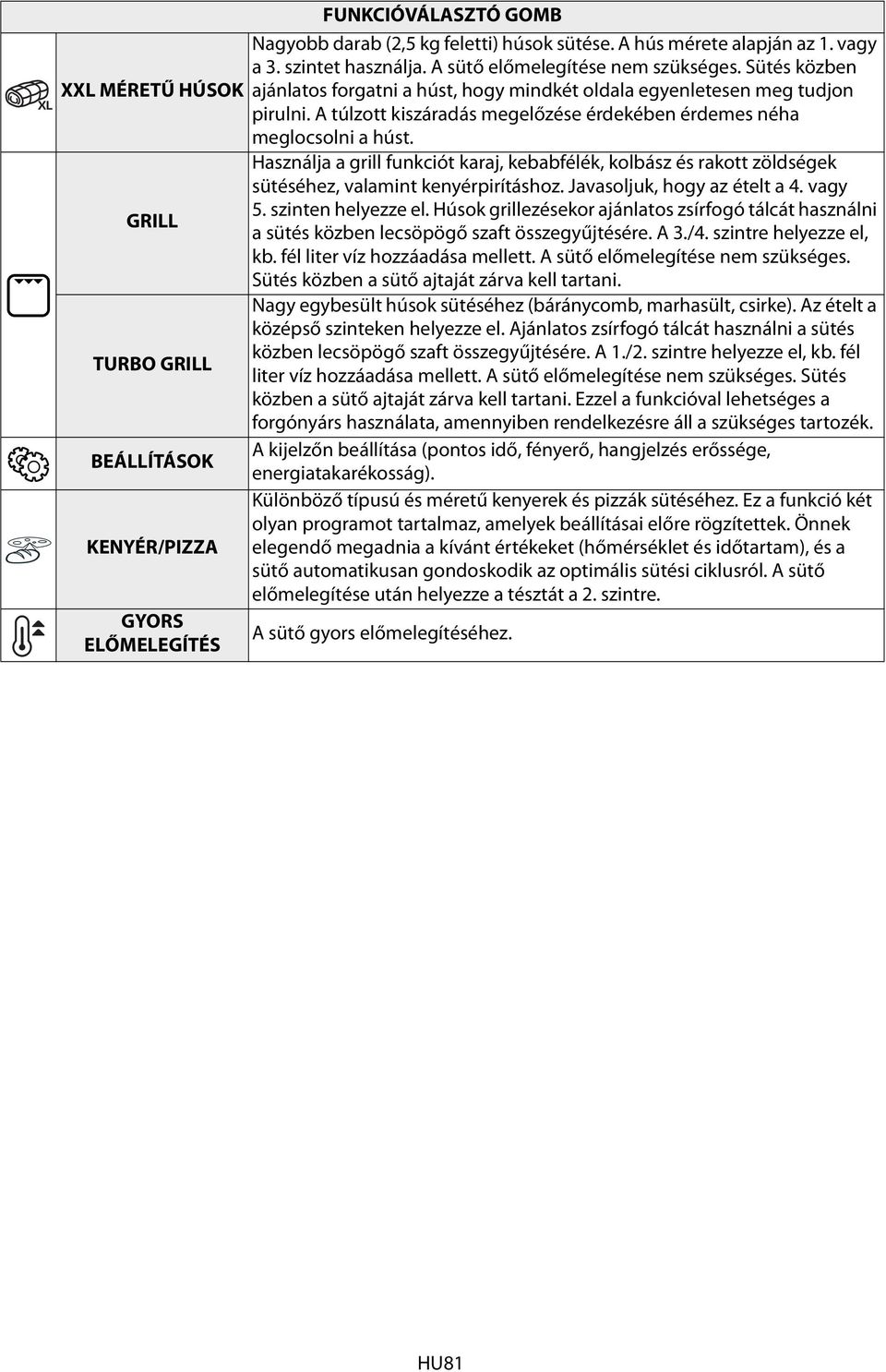 A túlzott kiszáradás megelőzése érdekében érdemes néha meglocsolni a húst. Használja a grill funkciót karaj, kebabfélék, kolbász és rakott zöldségek sütéséhez, valamint kenyérpirításhoz.