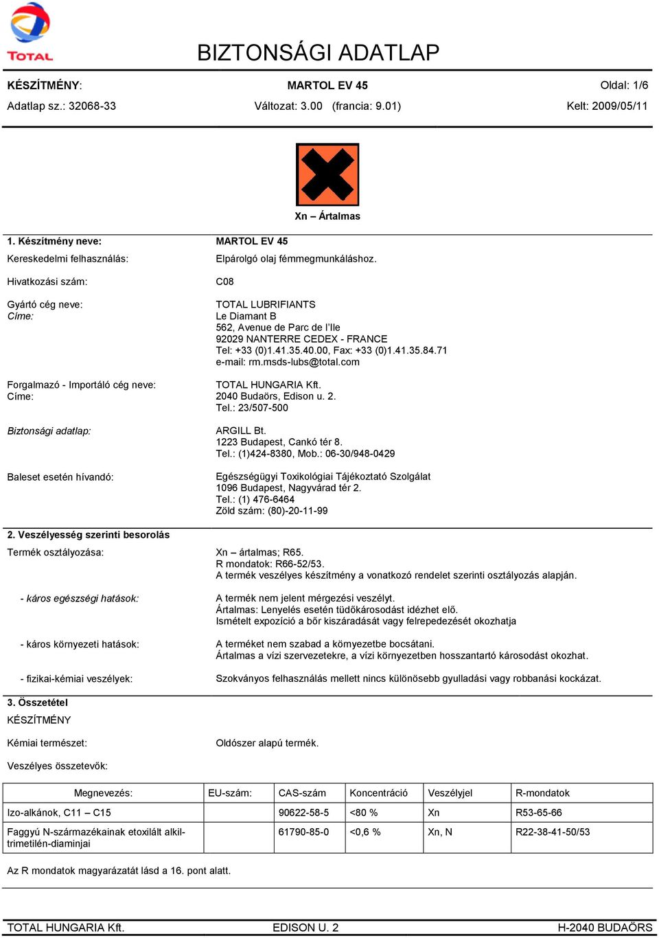 Veszélyesség szerinti besorolás Termék osztályozása: - káros egészségi hatások: - káros környezeti hatások: - fizikai-kémiai veszélyek: C08 TOTAL LUBRIFIANTS Le Diamant B 562, Avenue de Parc de l Ile