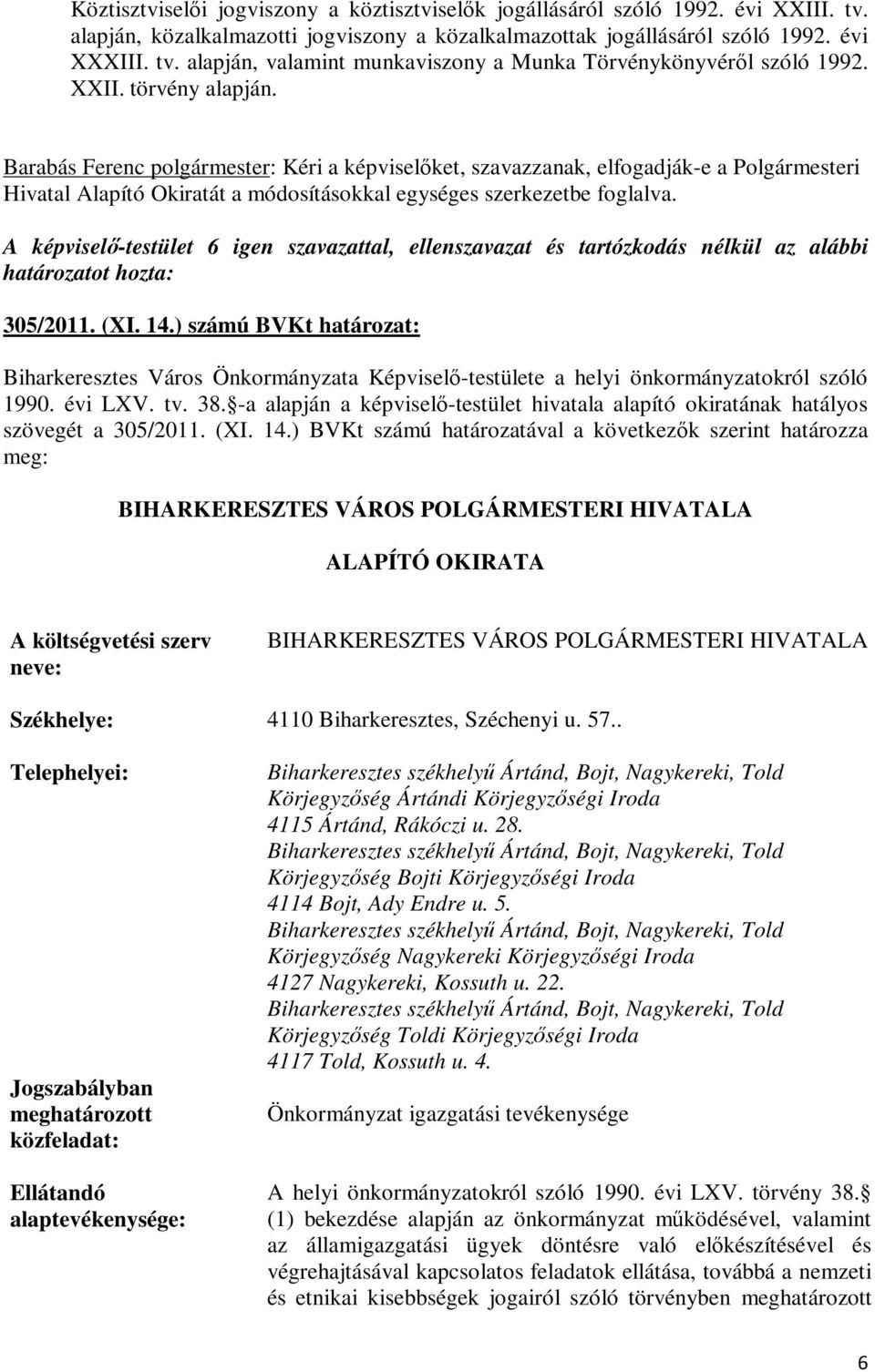 A képviselő-testület 6 igen szavazattal, ellenszavazat és tartózkodás nélkül az alábbi határozatot hozta: 305/2011. (XI. 14.