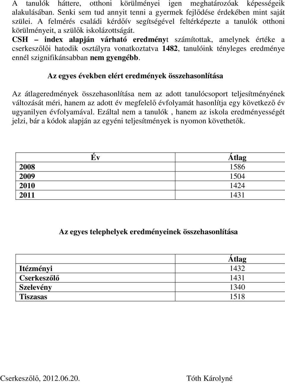 CSH index alapján várható eredményt számítottak, amelynek értéke a cserkeszőlői hatodik osztályra vonatkoztatva 1482, tanulóink tényleges eredménye ennél szignifikánsabban nem gyengébb.