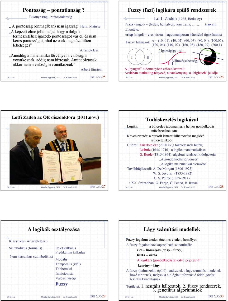 lehetséges Arisztotelész Ameddig mtemtik törvényei vlóságr vontkoznk, ddig nem biztosk. Amint biztosk kkor nem vlóságr vontkoznk Albert Einstein 2012. ősz Óbudi Egyetem, NIK Dr.