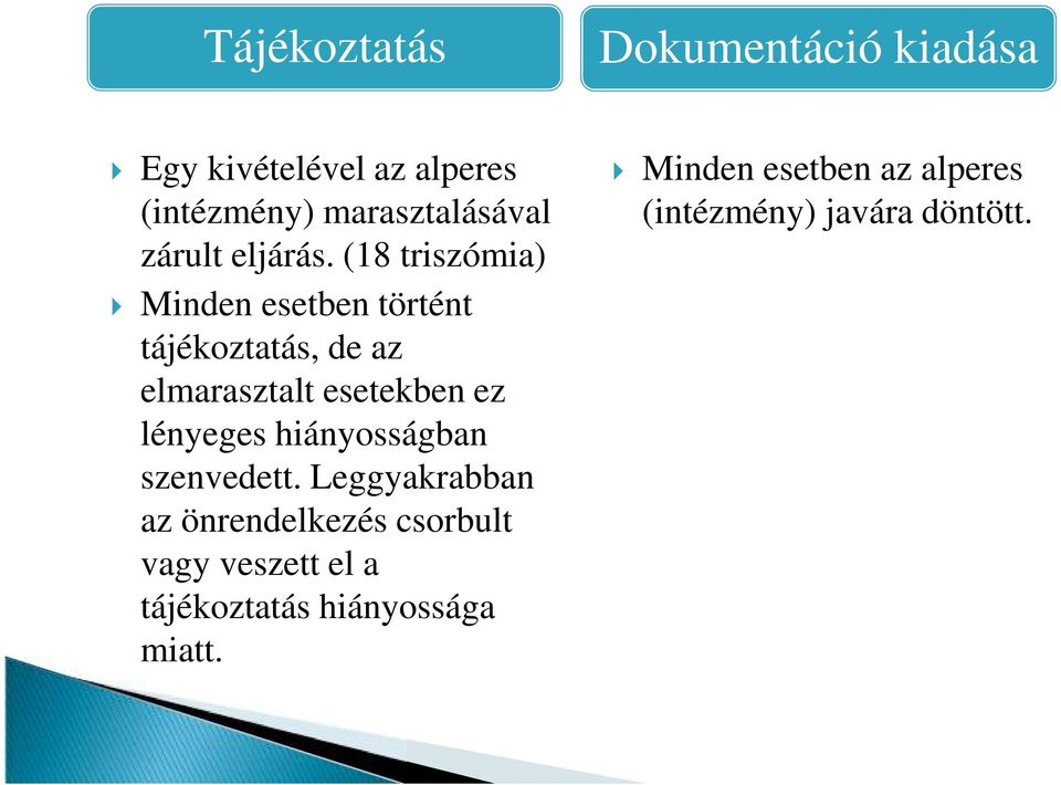 (18 triszómia) Minden esetben történt tájékoztatás, de az elmarasztalt esetekben ez