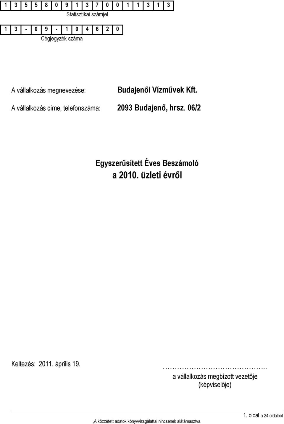 A vállalkozás címe, telefonszáma: 2093 Budajenő, hrsz.