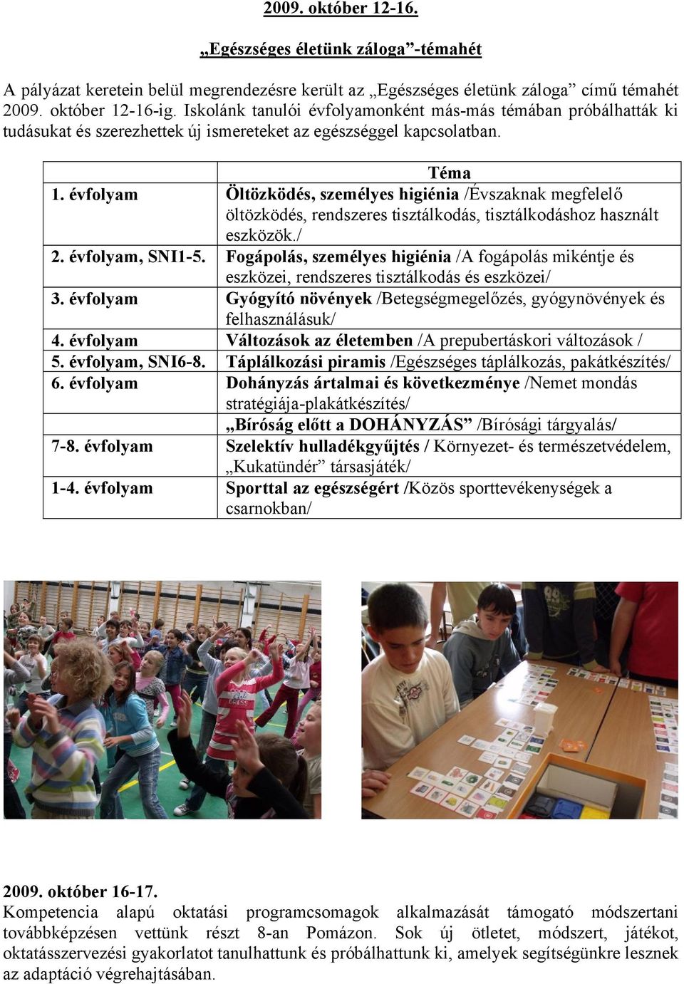 évfolyam Öltözködés, személyes higiénia /Évszaknak megfelelő öltözködés, rendszeres tisztálkodás, tisztálkodáshoz használt eszközök./ 2. évfolyam, SNI1-5.