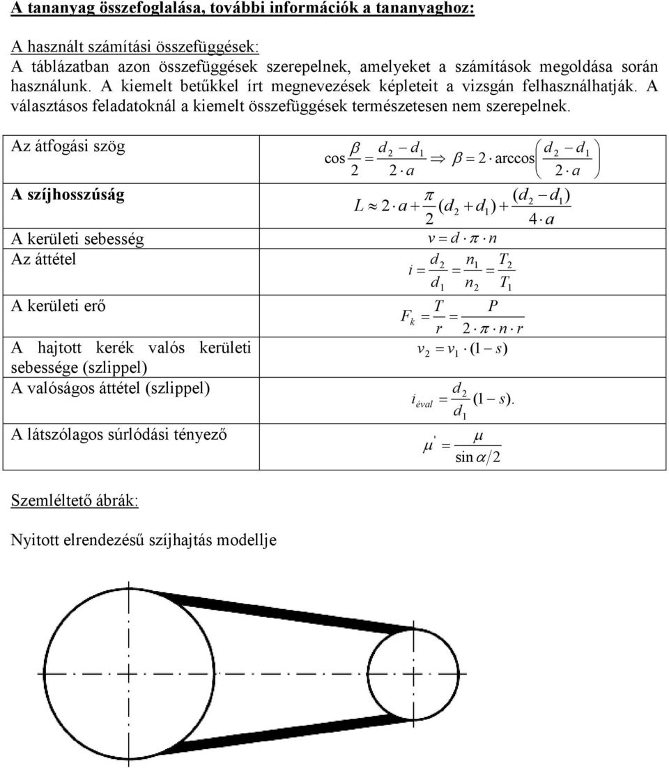 Az átfogási szög β d 2 d1 d 2 d cos = β = 2 arccos 2 2 a 2 a A szíjhosszúság π ( d2 d1) L 2 a+ ( d2+ d1) + 2 4 a A kerületi sebesség v= d π n Az áttétel d 2 n1 T2 i = = = d1 n2 T1 A kerületi erı T P