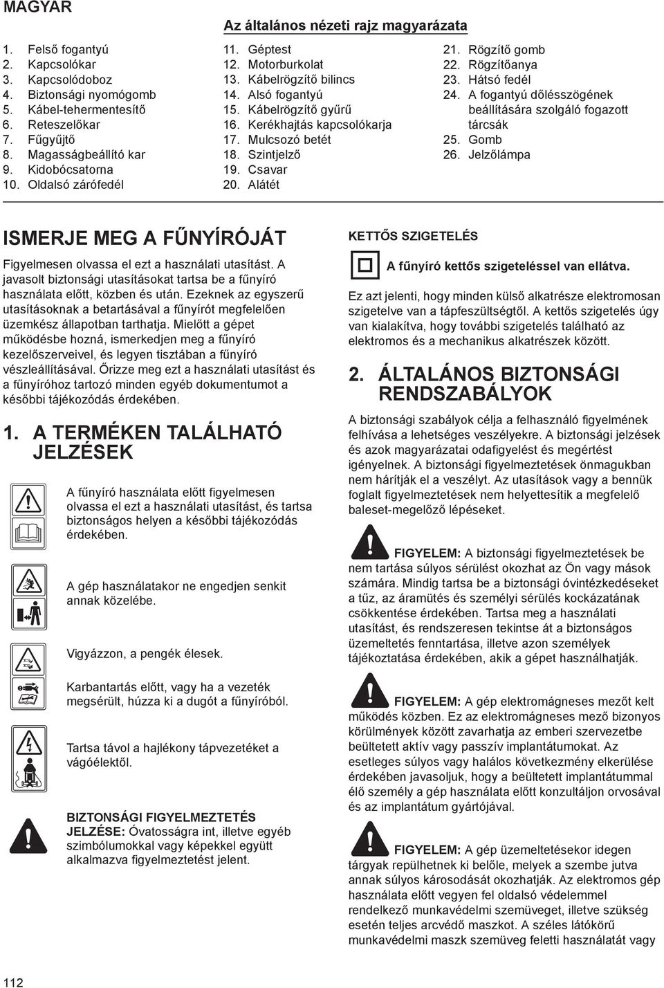 Szintjelz 19. Csavar 20. Alátét 21. Rögzít gomb 22. Rögzít anya 23. Hátsó fedél 24. A fogantyú d lésszögének beállítására szolgáló fogazott tárcsák 25. Gomb 26.