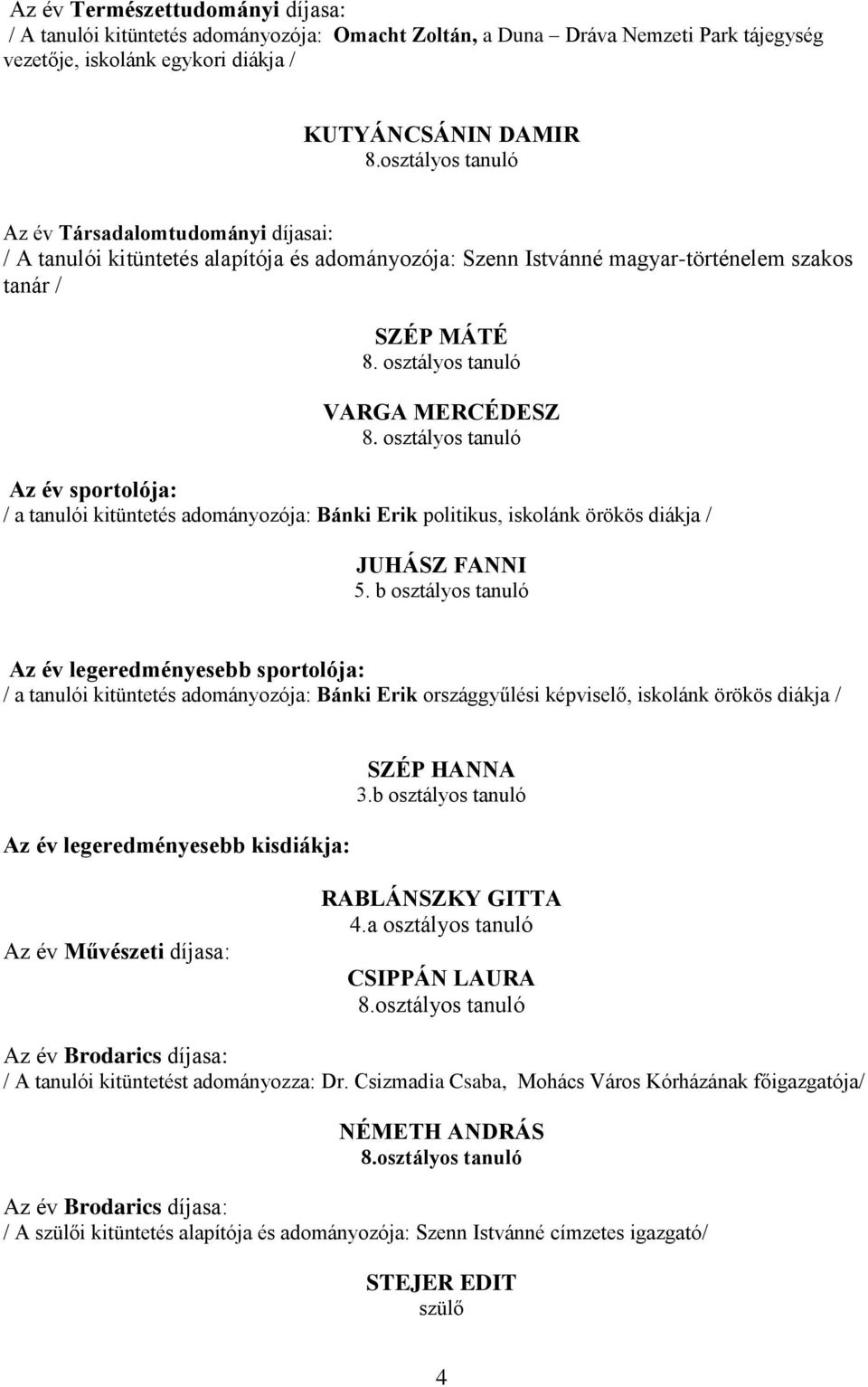 osztályos tanuló Az év sportolója: / a tanulói kitüntetés adományozója: Bánki Erik politikus, iskolánk örökös diákja / JUHÁSZ FANNI 5.