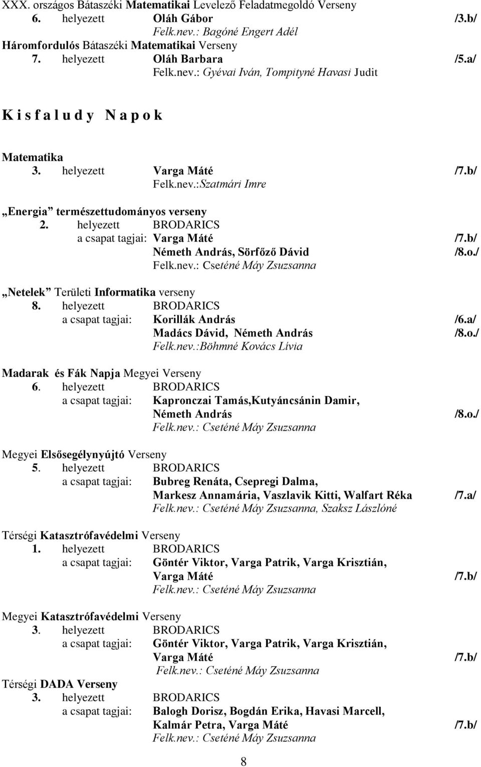 helyezett BRODARICS a csapat tagjai: Varga Máté Németh András, Sörfőző Dávid Felk.nev.: Cseténé Máy Zsuzsanna /7.b/ /8.o./ Netelek Területi Informatika verseny 8.
