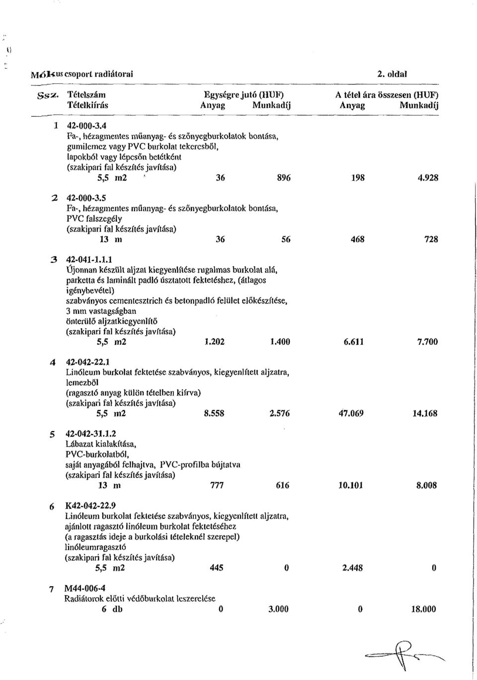 928 2 42-000-3.5 Fa-, hézagmentes műanyag- és szőnyegburkolatok bontása, PVC falszegély (szakipari fal készítés javítása) 13