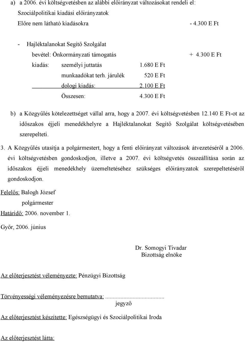 300 E Ft b) a Közgyűlés kötelezettséget vállal arra, hogy a 2007. évi költségvetésben 12.140 E Ft-ot az időszakos éjjeli menedékhelyre a Hajléktalanokat Segítő Szolgálat költségvetésében szerepelteti.