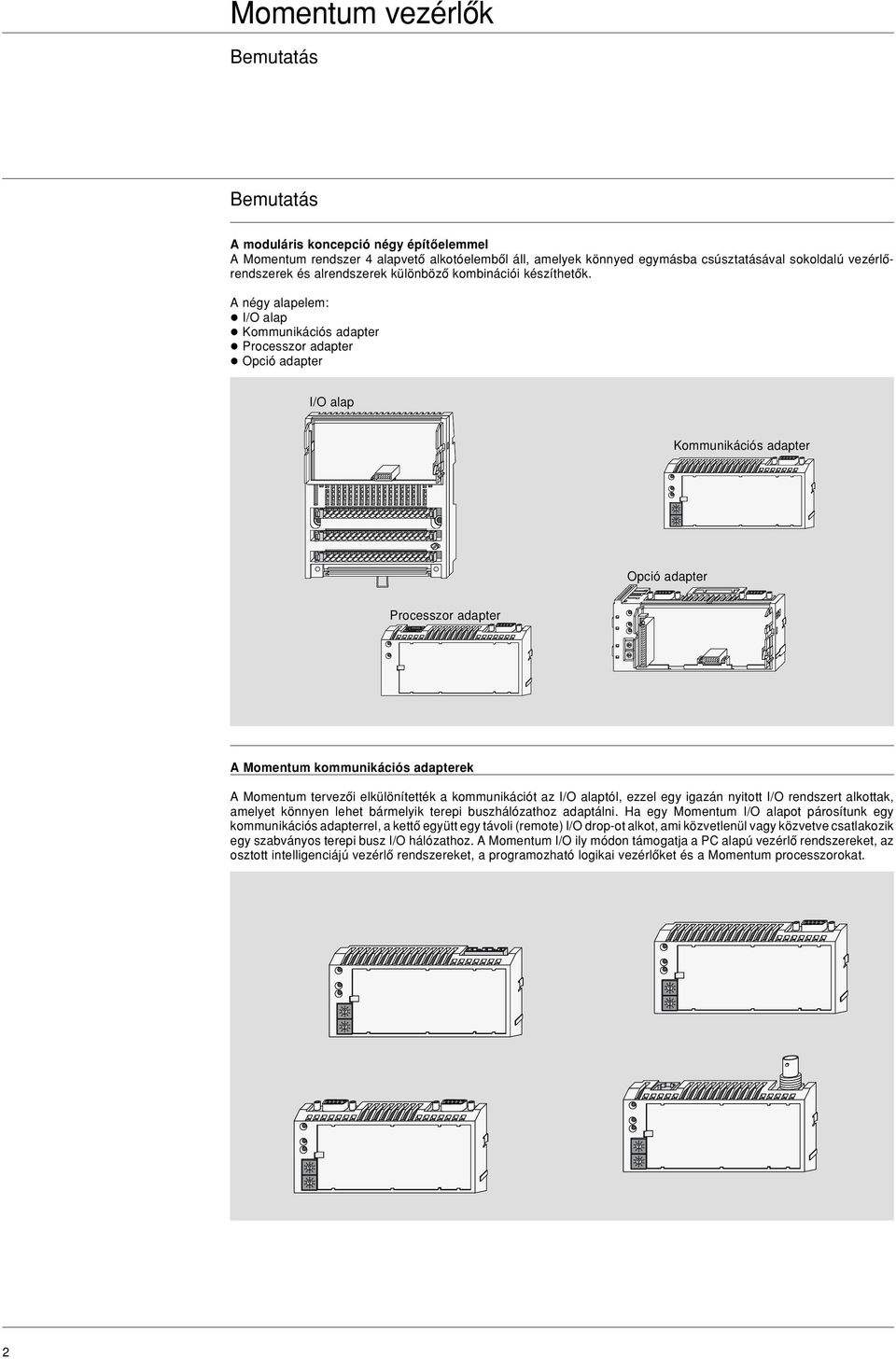 A négy alapelem: l I/O alap l Kommunikációs adapter l Processzor adapter l Opció adapter I/O alap Kommunikációs adapter Opció adapter Processzor adapter A Momentum kommunikációs adapterek A Momentum