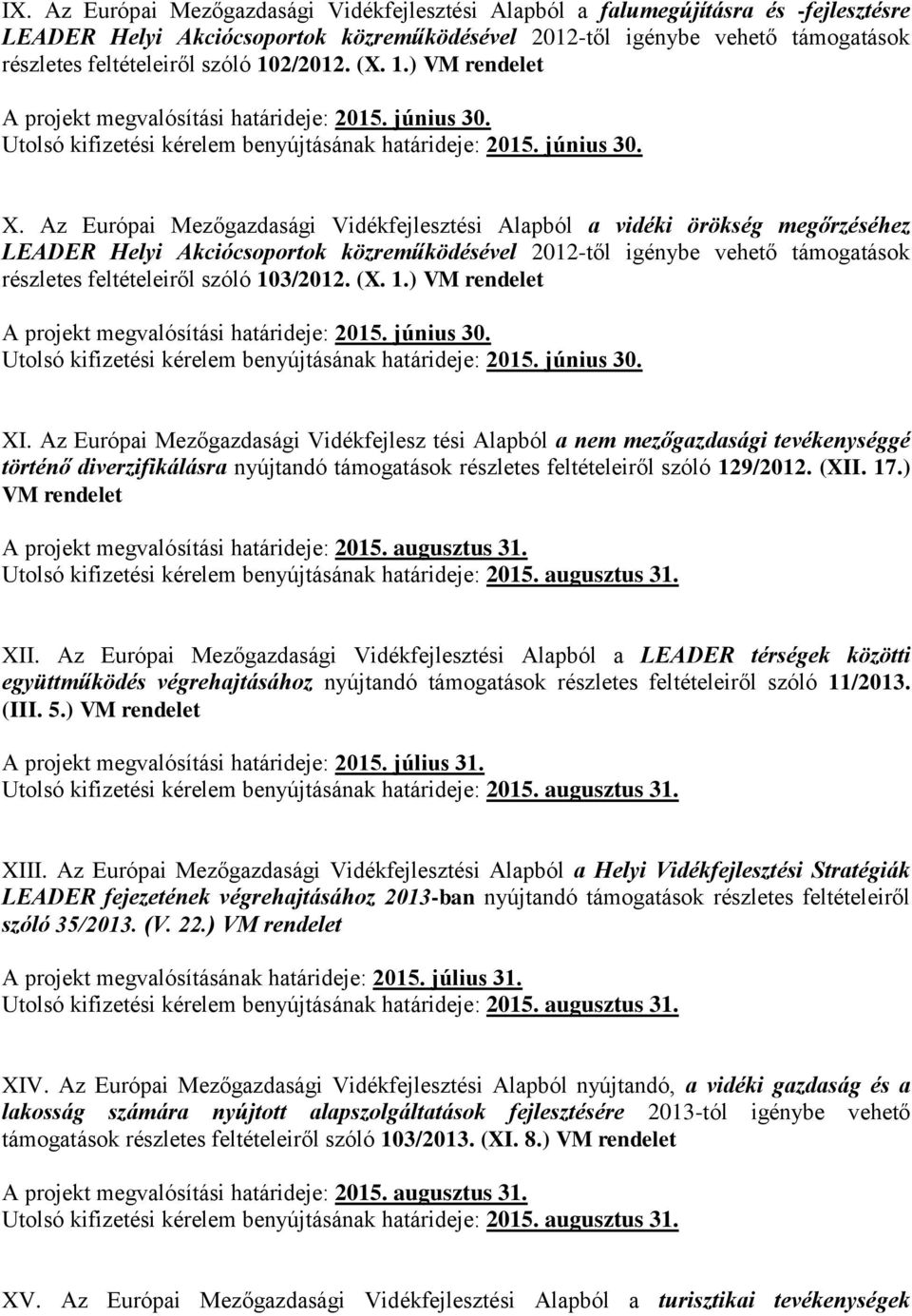 Az Európai Mezőgazdasági Vidékfejlesztési Alapból a vidéki örökség megőrzéséhez LEADER Helyi Akciócsoportok közreműködésével 2012-től igénybe vehető támogatások részletes feltételeiről szóló 103/2012.