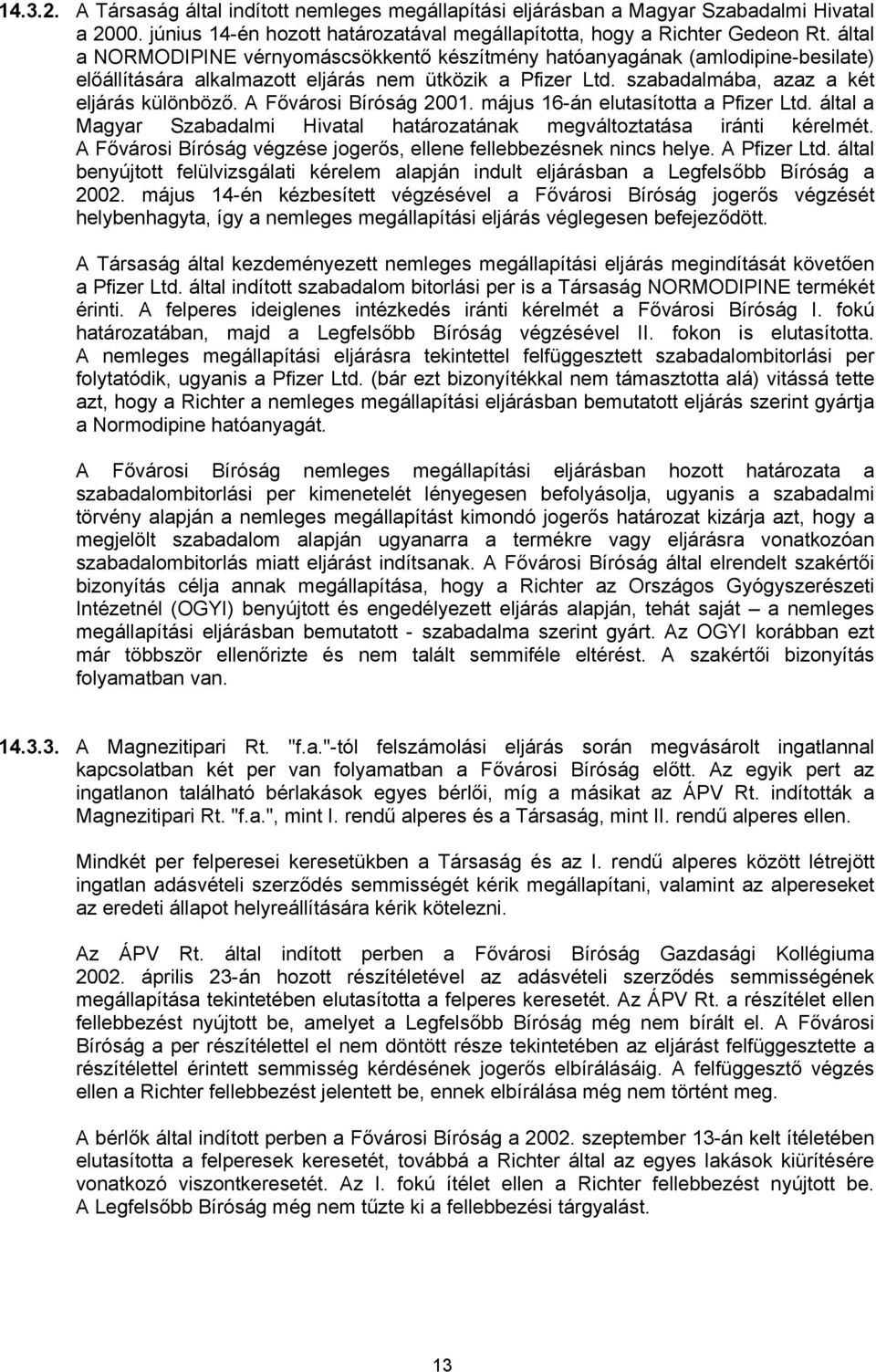 A Fővárosi Bíróság 2001. május 16-án elutasította a Pfizer Ltd. által a Magyar Szabadalmi Hivatal határozatának megváltoztatása iránti kérelmét.