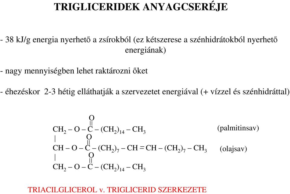 szervezetet energiával (+ vízzel és szénhidráttal) CH 2 C (CH 2 ) 14 CH 3 CH C (CH 2 ) 7 CH CH (CH