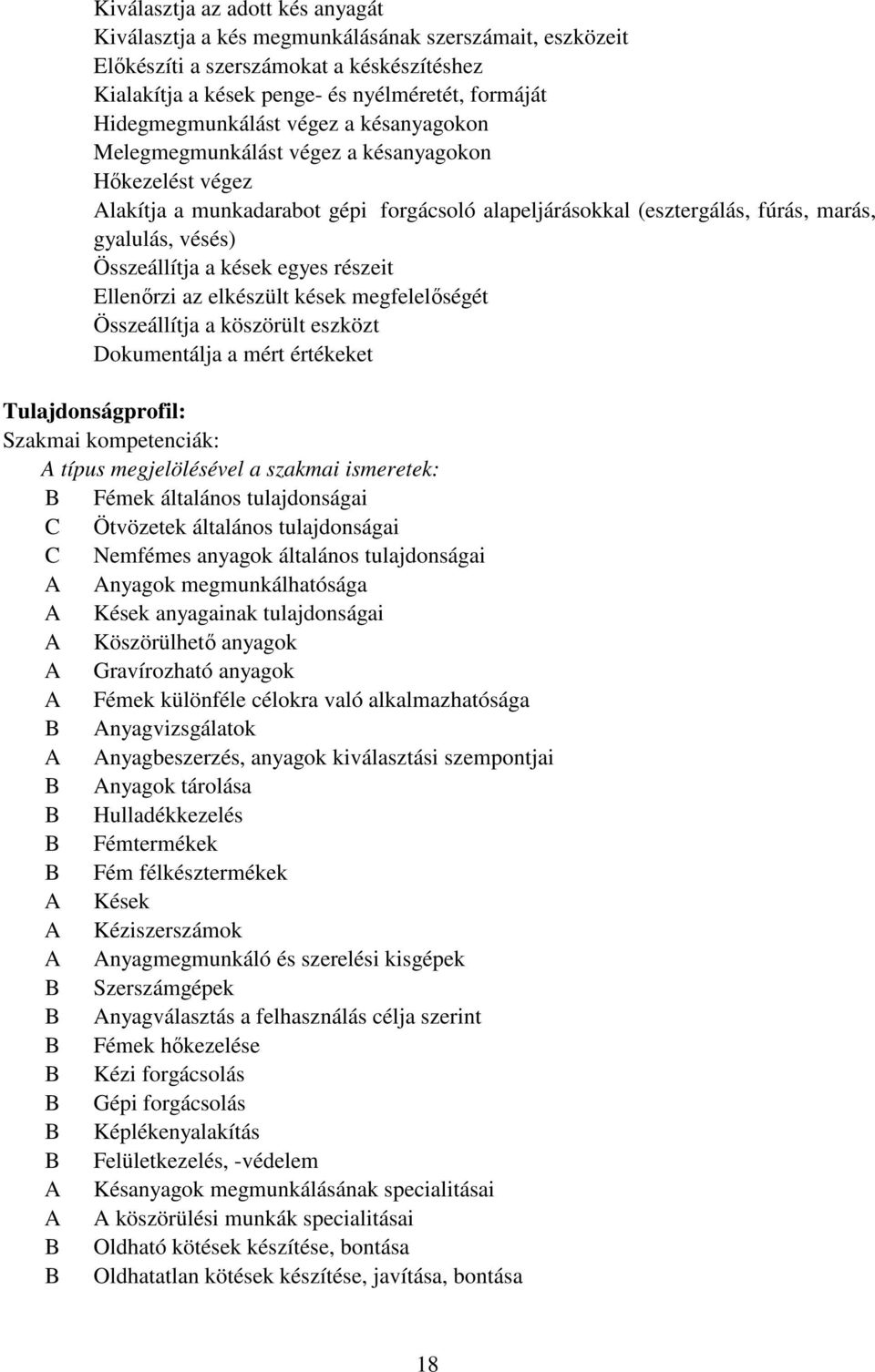 Összeállítja a kések egyes részeit Ellenırzi az elkészült kések megfelelıségét Összeállítja a köszörült eszközt Dokumentálja a mért értékeket Tulajdonságprofil: Szakmai kompetenciák: A típus