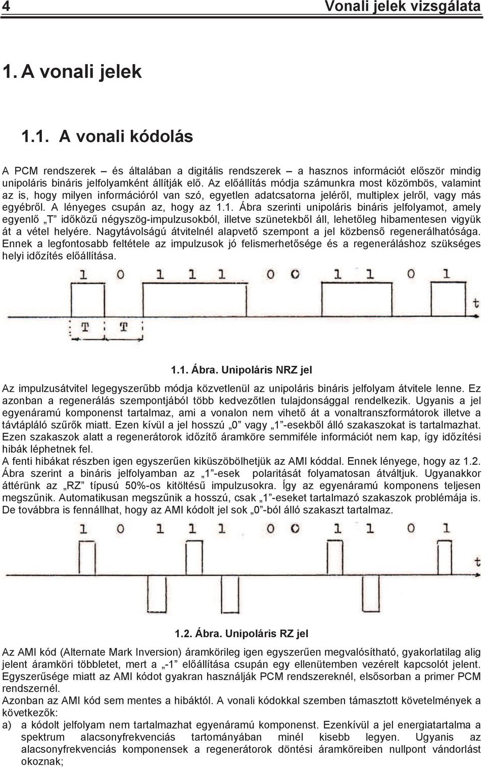 1. Ábra szerinti unipoláris bináris jelfolyamot, amely egyenl T idköz négyszög-impulzusokból, illetve szünetekbl áll, lehetleg hibamentesen vigyük át a vétel helyére.