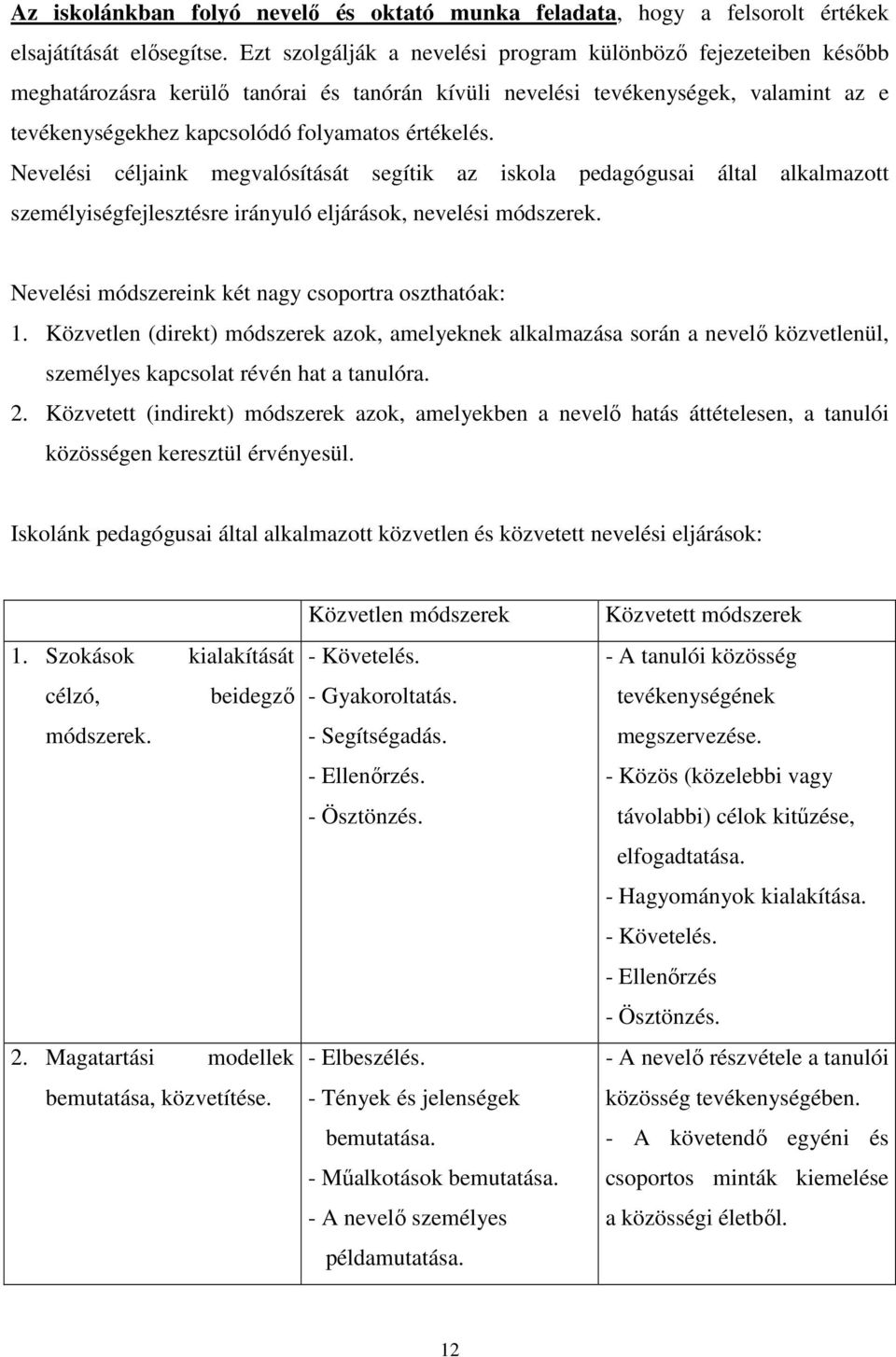 Nevelési céljaink megvalósítását segítik az iskola pedagógusai által alkalmazott személyiségfejlesztésre irányuló eljárások, nevelési módszerek. Nevelési módszereink két nagy csoportra oszthatóak: 1.