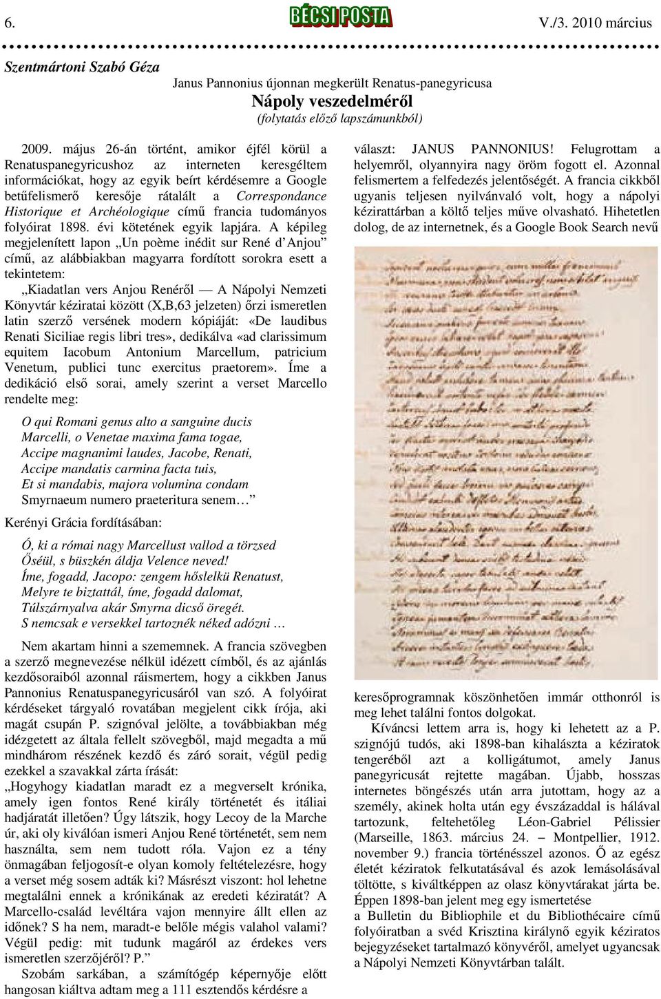 Historique et Archéologique című francia tudományos folyóirat 1898. évi kötetének egyik lapjára.