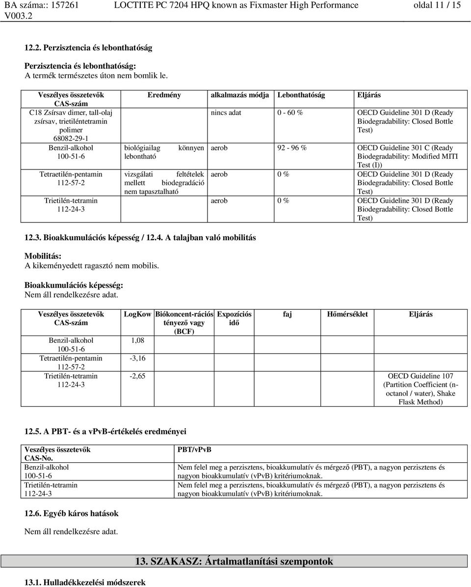 nem tapasztalható nincs adat 0-60 % OECD Guideline 301 D (Ready Biodegradability: Closed Bottle Test) aerob 92-96 % OECD Guideline 301 C (Ready Biodegradability: Modified MITI Test (I)) aerob 0 %