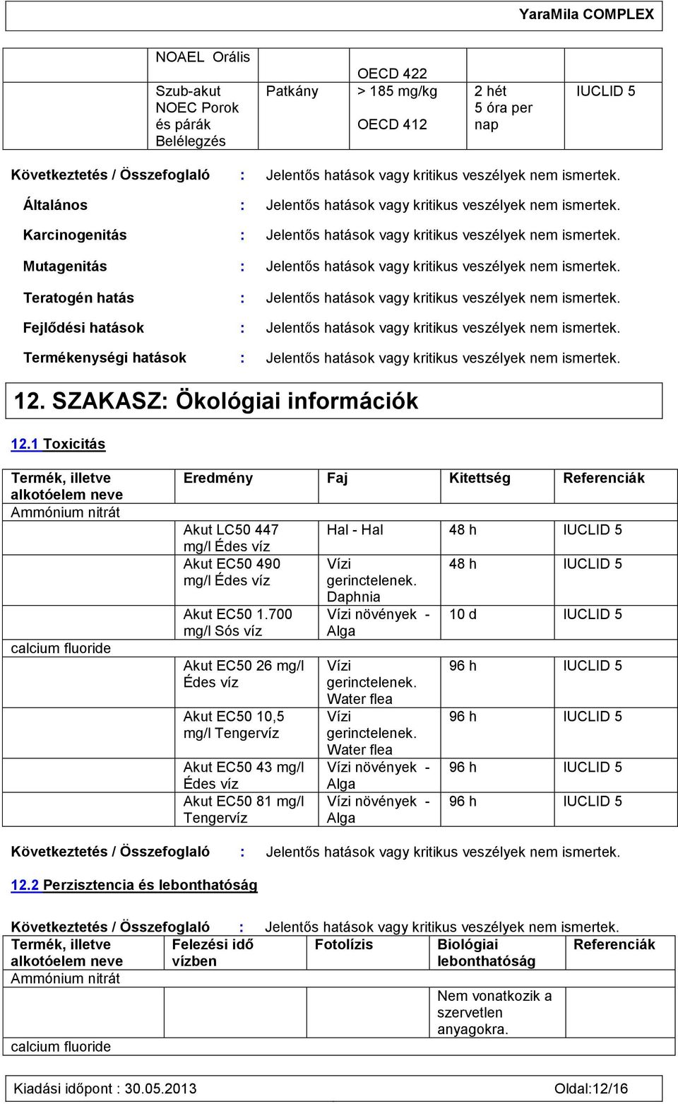 Teratogén hatás : Jelentős hatások vagy kritikus veszélyek nem ismertek. Fejlődési hatások : Jelentős hatások vagy kritikus veszélyek nem ismertek.