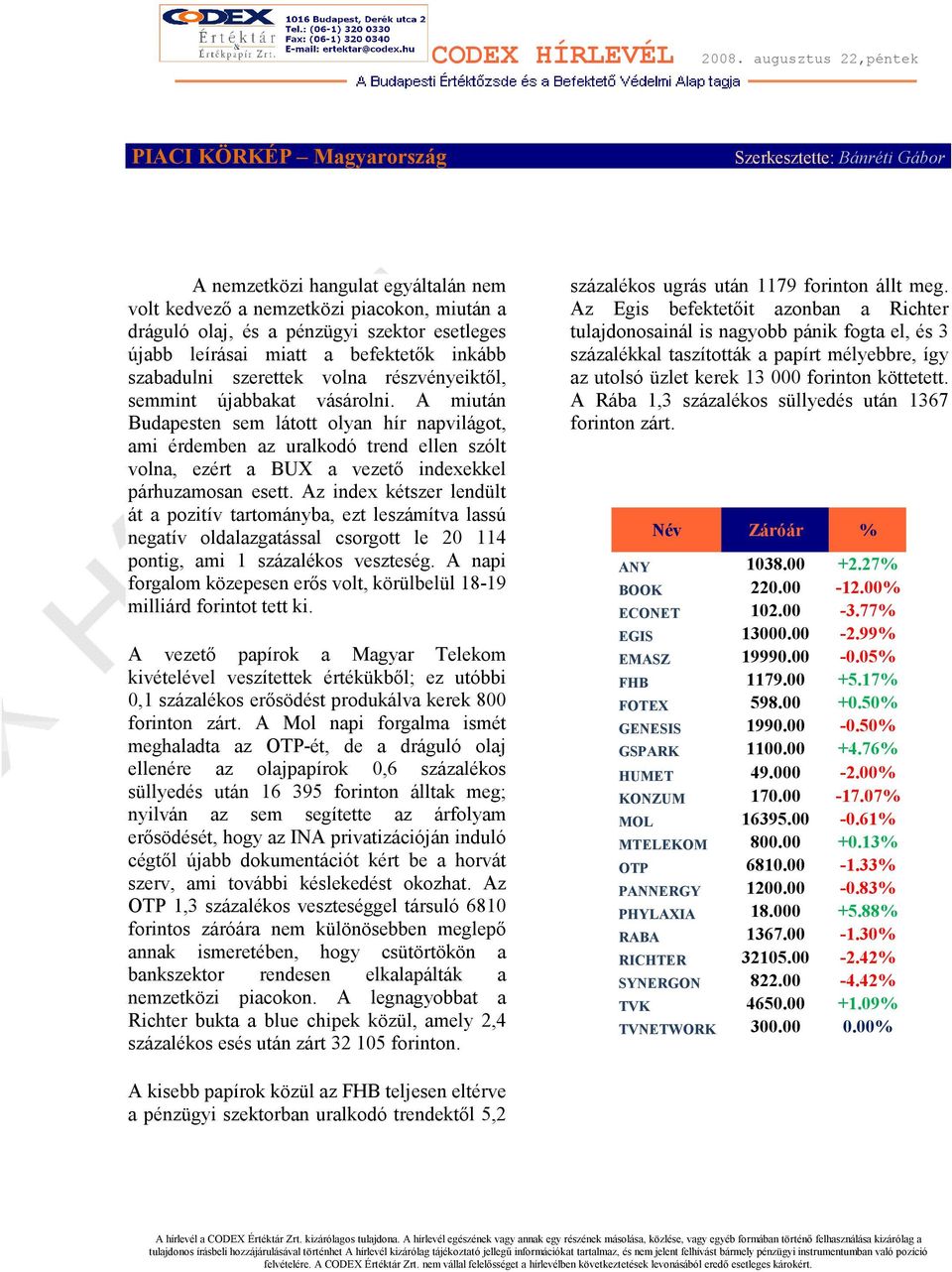A miután Budapesten sem látott olyan hír napvilágot, ami érdemben az uralkodó trend ellen szólt volna, ezért a BUX a vezetı indexekkel párhuzamosan esett.