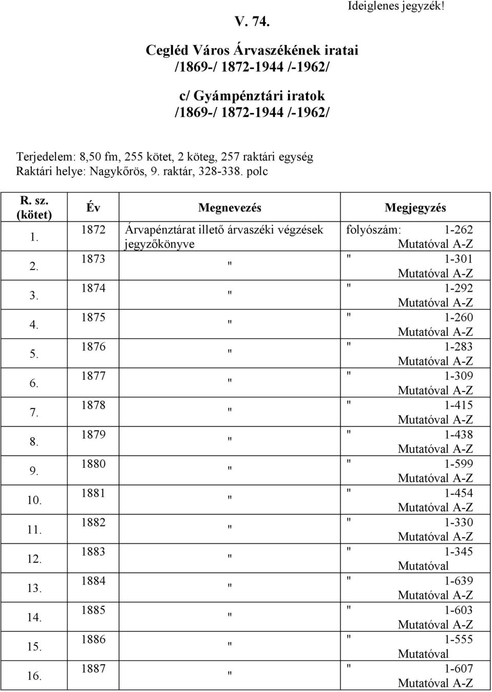 köteg, 257 raktári egység Raktári helye: Nagykőrös, 9. raktár, 328-338. polc R. sz. 1. 2. 3. 4. 5. 6. 7. 8. 9. 10. 11. 12. 13. 14. 15. 16.