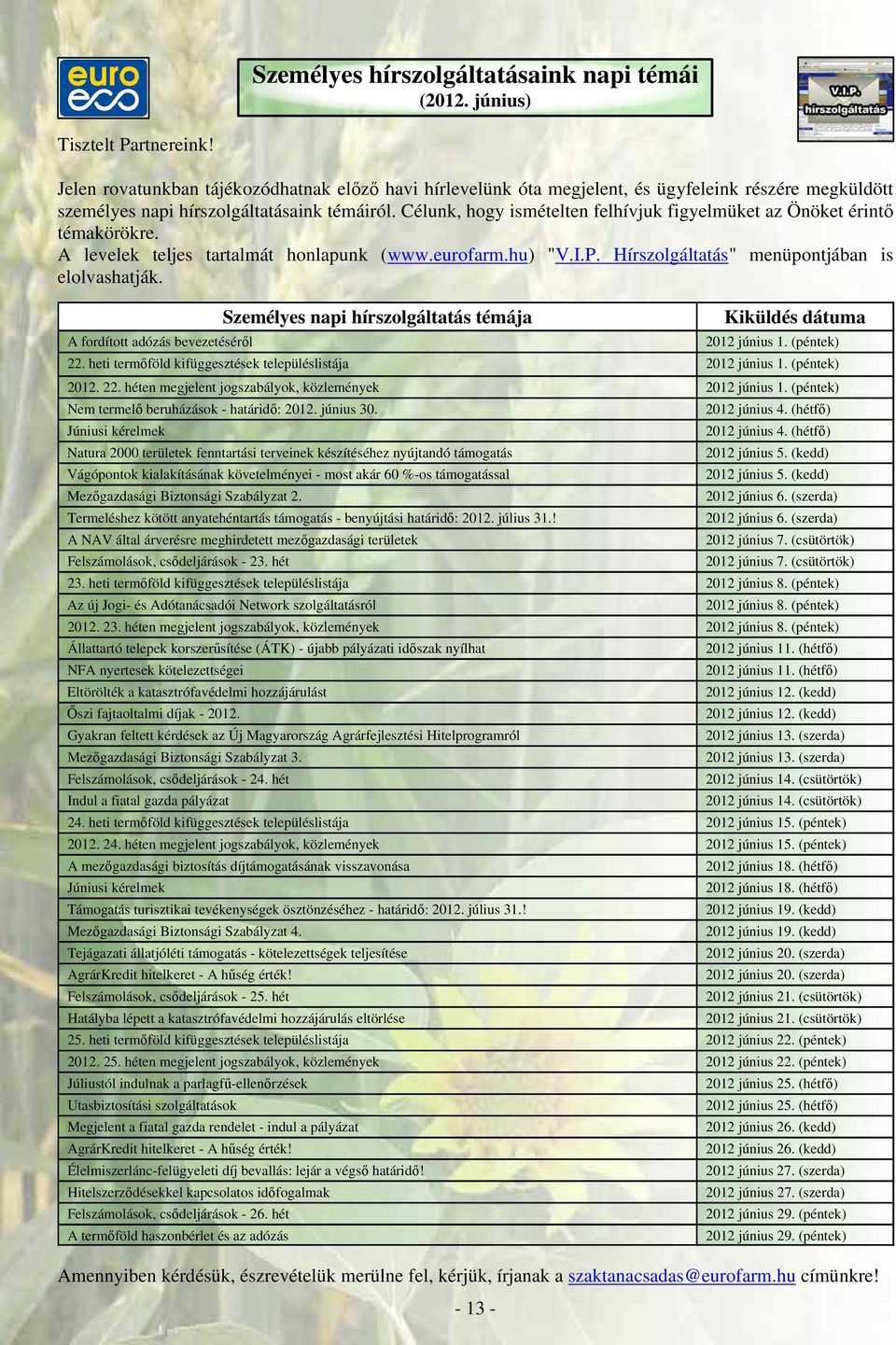 Célunk, hogy ismételten felhívjuk figyelmüket az Önöket érintő témakörökre. A levelek teljes tartalmát honlapunk (www.eurofarm.hu) "V.I.P. Hírszolgáltatás" menüpontjában is elolvashatják.