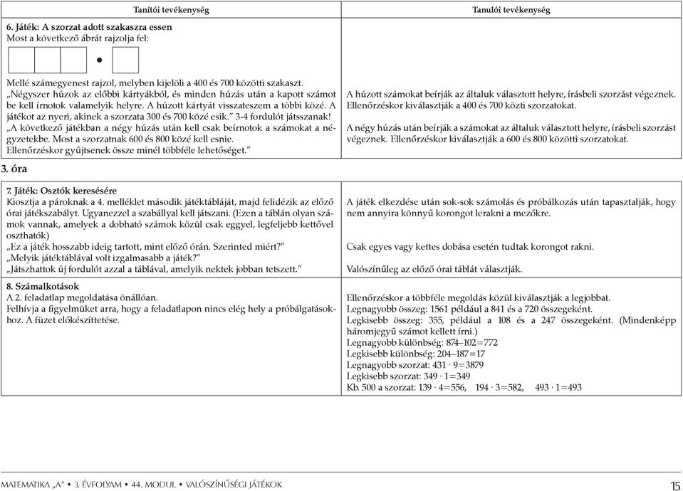 A játékot az nyeri, akinek a szorzata 300 és 700 közé esik. 3-4 fordulót játsszanak! A következő játékban a négy húzás után kell csak beírnotok a számokat a négyzetekbe.