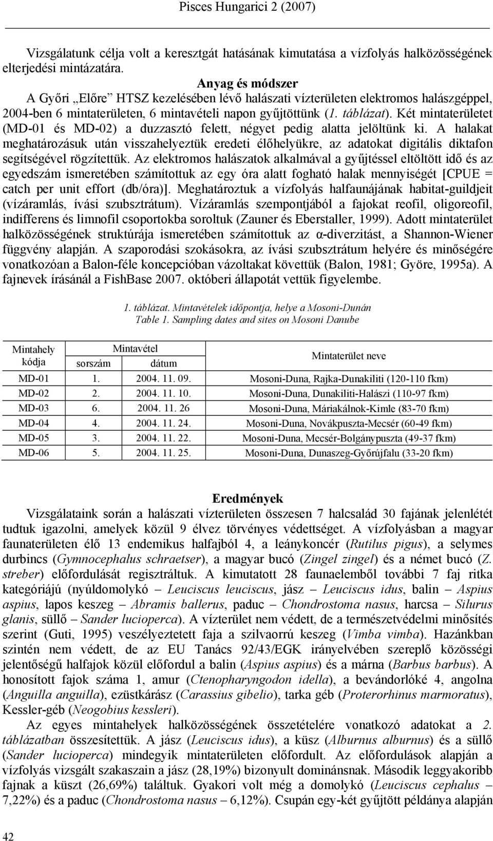 Két mintaterületet (MD-01 és MD-02) a duzzasztó felett, négyet pedig alatta jelöltünk ki.