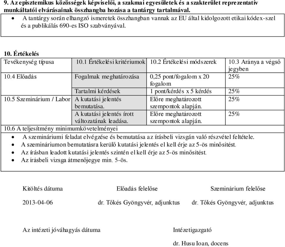 1 Értékelési kritériumok 10.2 Értékelési módszerek 10.3 Aránya a végső jegyben 10.4 Előadás Fogalmak meghatározása 0,25 pont/fogalom x 20 25% fogalom Tartalmi kérdések 1 pont/kérdés x 5 kérdés 25% 10.