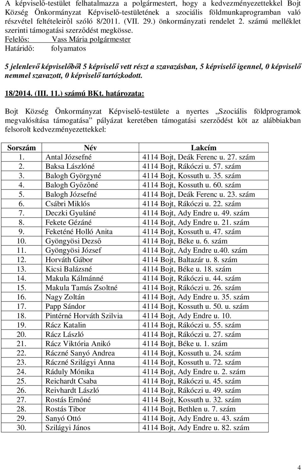 határozata: Bojt Község Önkormányzat Képviselő-testülete a nyertes Szociális földprogramok megvalósítása támogatása pályázat keretében támogatási szerződést köt az alábbiakban felsorolt